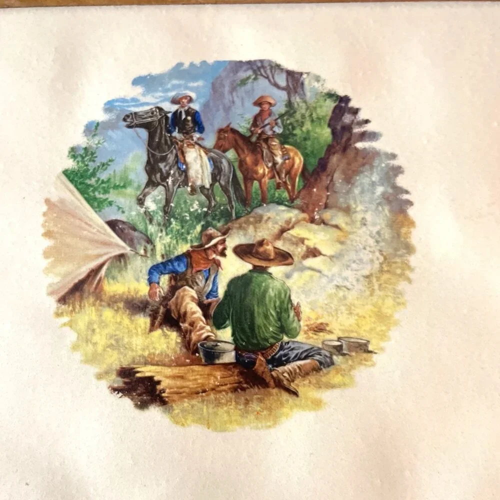 Vintage MCM Made In Italy Cowboy-Themed Ceramic Tile Wall Art With Wood Frame